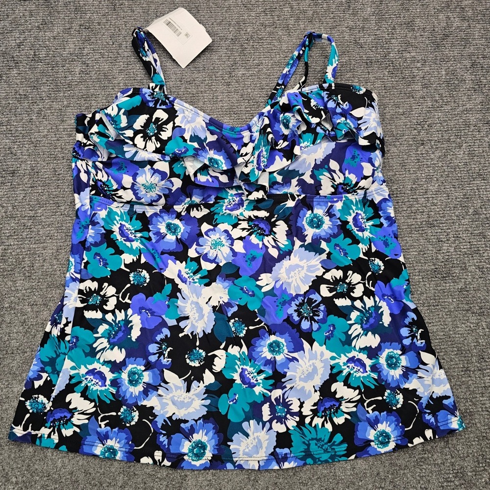 Island Escape Women Tankini Top Floral Ruffle Swimwear Blue Multicolor Size 16